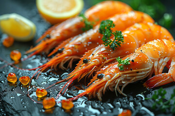 Savory Sea Delicacies Fresh Shrimps Seasoned with Fresh Green Herbs on Display