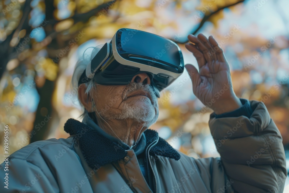 Poster elderly man immersed in virtual reality experience. suitable for technology concepts