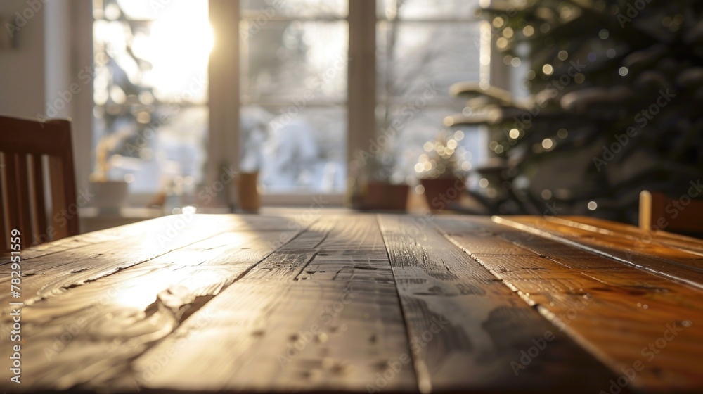 Poster a wooden table placed in front of a window, suitable for interior design concepts