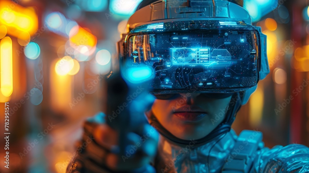 Poster An all-powerful computer gamer with a gun in virtual reality. VR online game interface with level map. Virtual reality glasses and virtual armor on the video gamer.