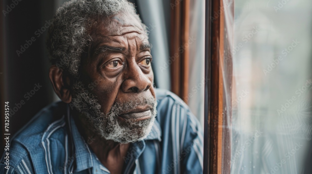 Poster An older man looking out a window, suitable for various concepts and themes