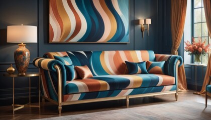 A chic living room featuring a striped sofa with waves of blue and peach, complemented by a modern lamp and floral arrangement.. AI Generation