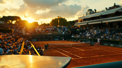 Edge of a table overlooking a tennis match in dramatic golden hour lighting. - obrazy, fototapety, plakaty