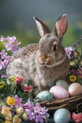 Fototapeta na wymiar Cute rabbit sitting in a basket surrounded by colorful Easter eggs. Perfect for Easter holiday designs