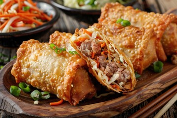 Crispy Homemade Fried Pork Eggrolls with Asian Flavors. Delicious Chinese Cooking with Cabbage, Carrot, and Crunchy Texture on Background - obrazy, fototapety, plakaty