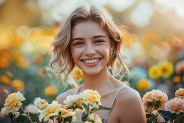 A beautiful woman holding flowers and smiling happily