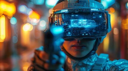 An all-powerful computer gamer with a gun in virtual reality. VR online game interface with level map. Virtual reality glasses and virtual armor on the video gamer. - obrazy, fototapety, plakaty