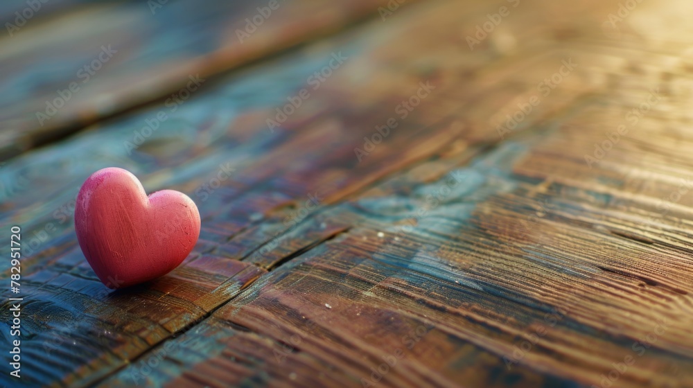 Canvas Prints A pink heart-shaped object placed on a wooden table. Suitable for various romantic themes