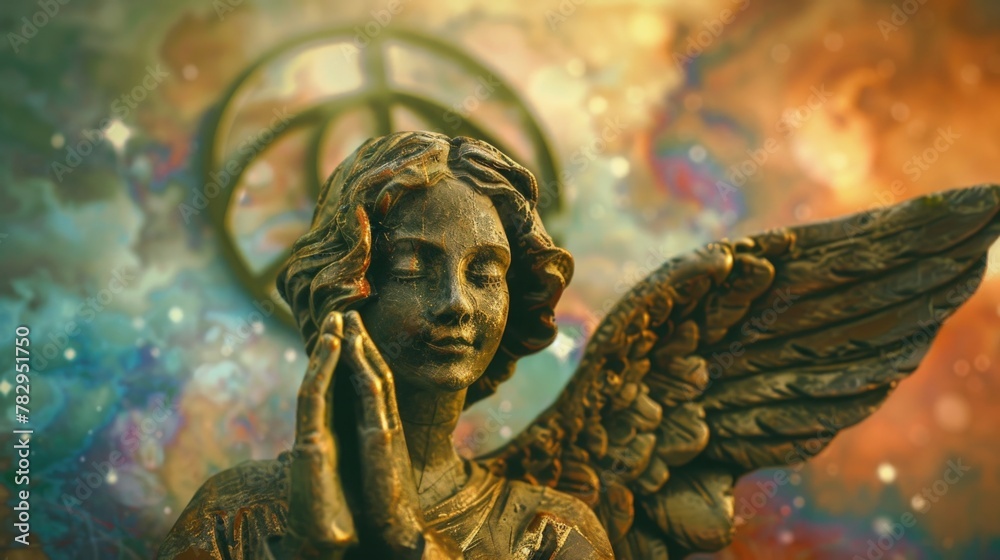 Poster a statue of an angel with a peace sign in the background. suitable for various themes and concepts