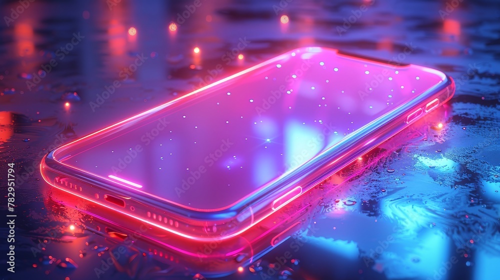 Poster Mock up cellphone angled at a 90-degree angle with empty screen on table or reflection surface. Smartphone is on desktop. 3D realistic illustration of phone with neon shapes on background.