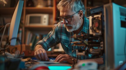 AI generated illustration of an elderly man fixing a computer