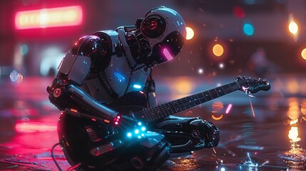 Cyborg rocker kneeling performs rock music, knocks out sparks from an electric guitar. Robot Music Show. Cool beautiful robotic girl rocker with AI.3D. - obrazy, fototapety, plakaty