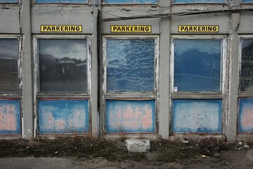 Three yellow parking signs on old cement wall with wooden doors