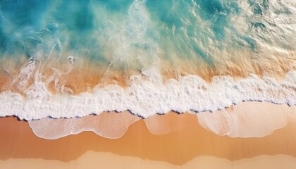 Fototapeta na wymiar Aerial view of beautiful beach waves, on the coast with foam after being hit by the waves, reflection of sunset light on the coast with white sand