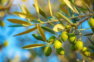 Fruitful Olive Tree in Autumn - Closeup of Organic Olives on Tree Branch with Oil Leaf in Background for Agriculture and Nature Related Concepts - obrazy, fototapety, plakaty