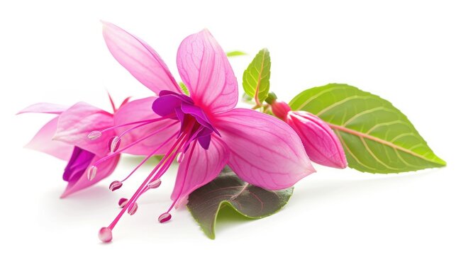 Fuchsia Flower. Close-up of a Beautiful Pink Blossom with Green Leaves Isolated on a White Background for Nature and Gardening Themes