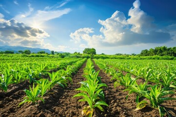 Fototapeta na wymiar Green Growth in Agriculture Business: Mango Farm with Blue Sky Background