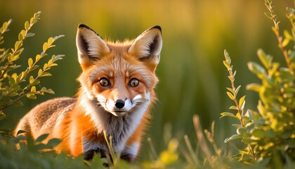 A red fox peers through lush greenery, its vibrant orange fur illuminated by the soft golden light of the setting sun.. AI Generation