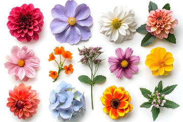 Realistic flowers collection top view isolated on white background