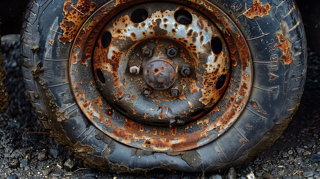 A rusty, old tire with worn-out treads and corroded rim, showcasing neglect and decay