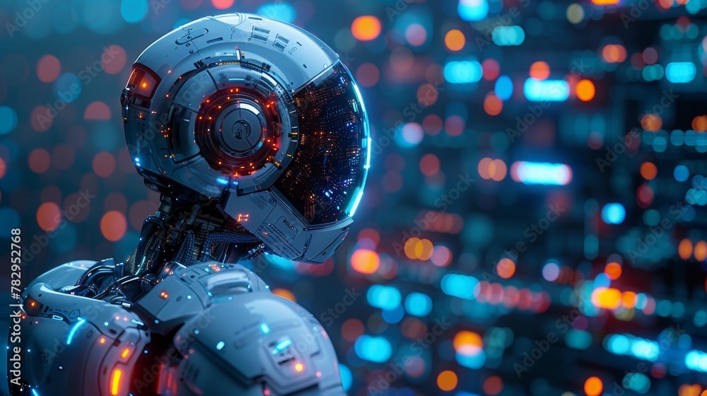 Poster An artificial intelligence robot or cyborg programming artificial intelligence. AI in the industrial revolution. A robot or cyborg looking at an image on a screen. Deep Machine Learning. A robotic