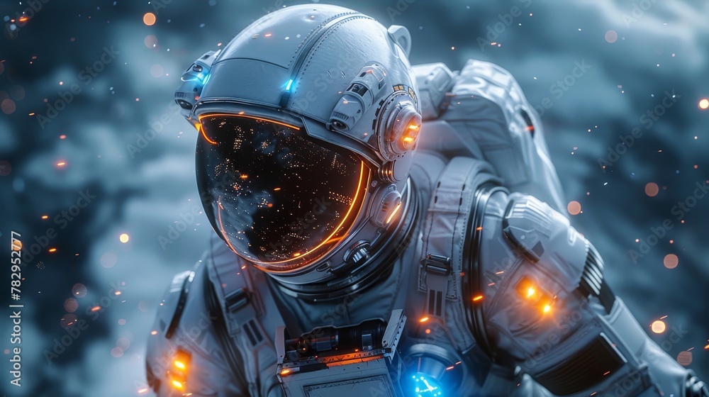 Aufkleber 3D rendering of superhero cyborg in exoskeleton with flying robotic armor. 3D rendering of muscular man in sci-fi flying iron suit.