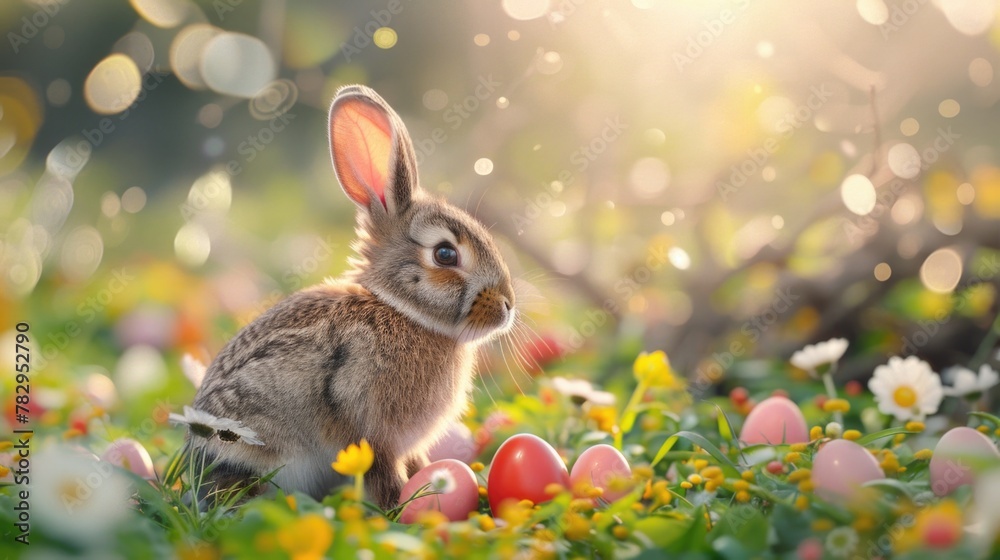 Poster a small rabbit sitting in a field of colorful flowers. suitable for nature and wildlife themes