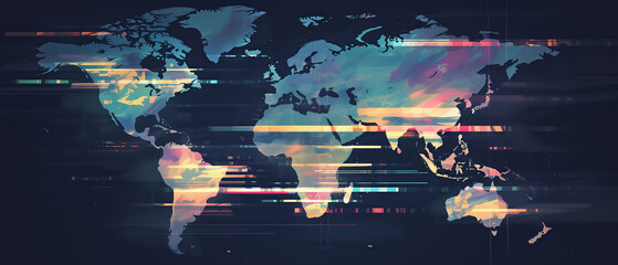 Digital World Map Art: Abstract Data Flow Representation with Futuristic Technological Aesthetic