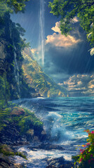 Fantasy illustration of a natural waterfall into the ocean, suitable for environmental campaigns or fantasy settings