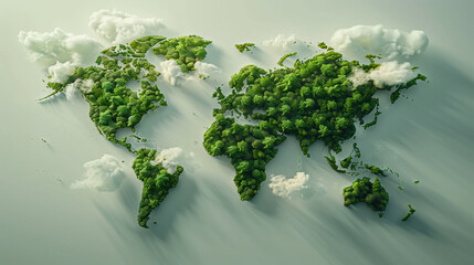 Creative Representation of World Map Made of Lush Green Trees with Fluffy White Clouds

