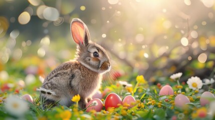 Fototapeta na wymiar A small rabbit sitting in a field of colorful flowers. Suitable for nature and wildlife themes