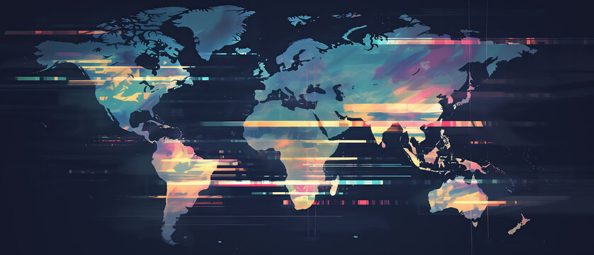 Digital World Map Art: Abstract Data Flow Representation with Futuristic Technological Aesthetic