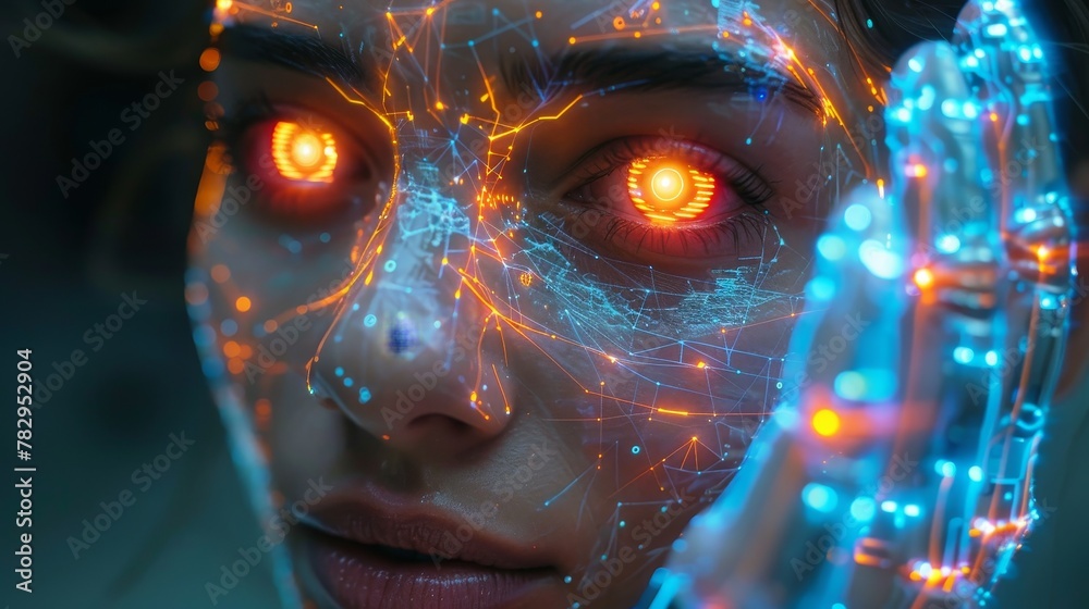 Aufkleber Cyborg with AI holding electronic brain core in hand. Cyborg's face is opened for installation of artificial intelligence processor. Psychoactive electronic machine in robot's head.