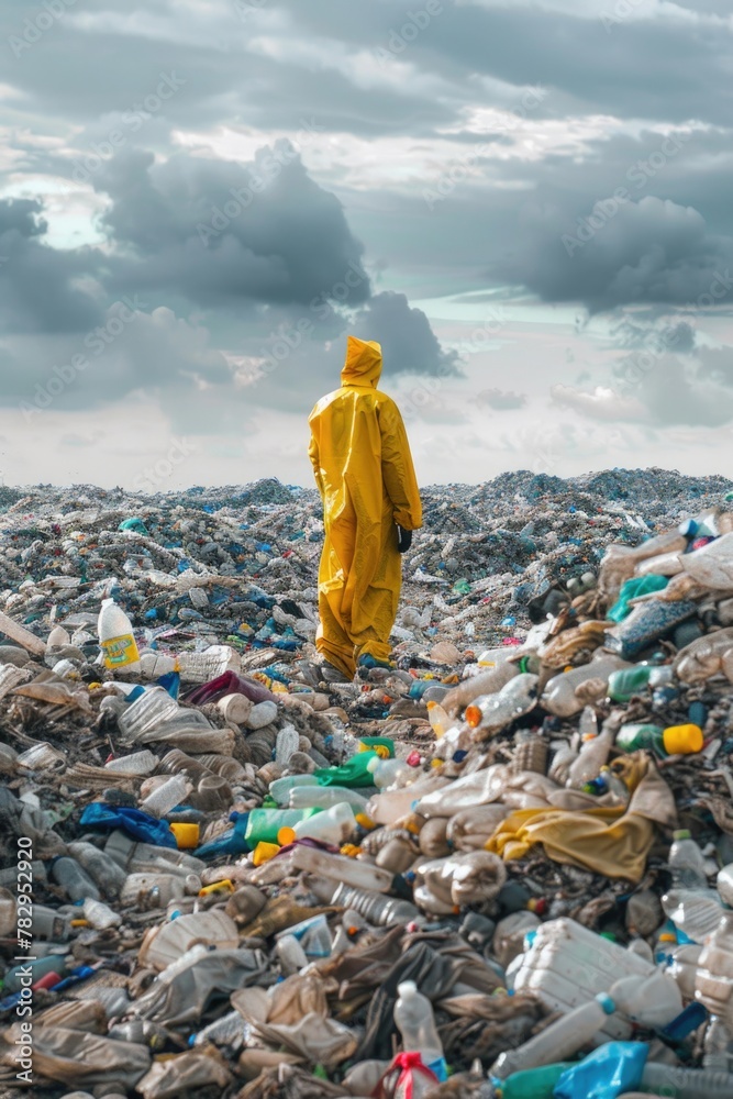 Poster a man in a yellow raincoat standing on a pile of garbage. perfect for environmental or pollution con