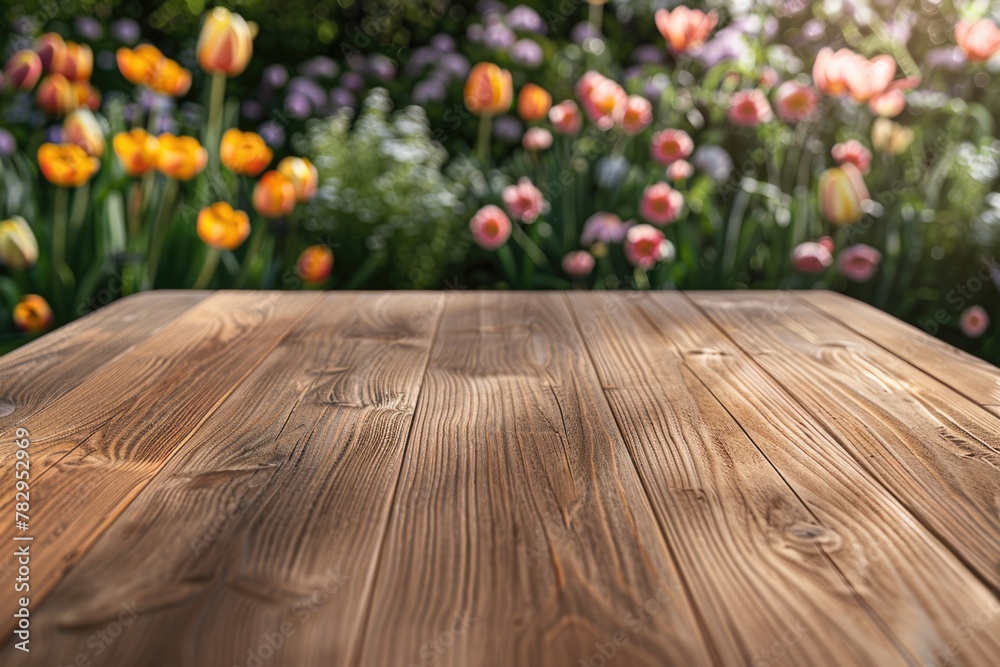 Poster A simple wooden table with a background of flowers. Suitable for various design projects