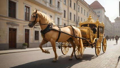 Naklejka na ściany i meble A-Golden-Horse-Pulling-A-Carriage-Through-The-Stre- 2