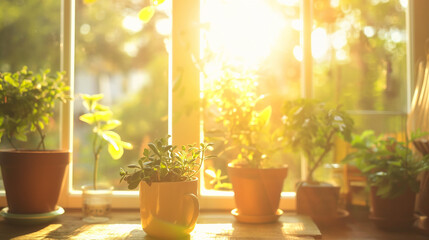 Warm sunlight bathing indoor plants on a windowsill, ideal for articles on home gardening or eco-friendly living.
