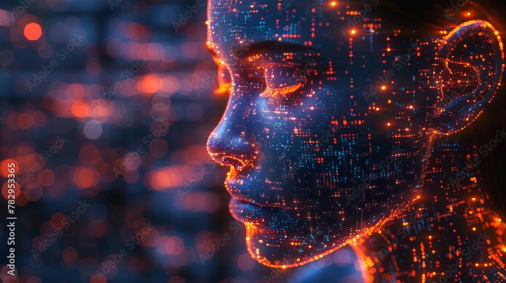 Aufkleber AI isometric concept. Cybernetic brain communication with network and analysis of data. Robot or cyborg head. 3D rendering.