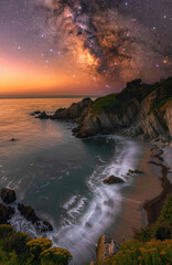 Coastal cliffs embrace the gentle sea as the Milky Way unfurls above, a scene marrying earth's tranquility with cosmic vibrance.
