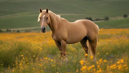 Obraz na płótnie Canvas A-Golden-Horse-Standing-Amidst-A-Field-Of-Wildflow- 2