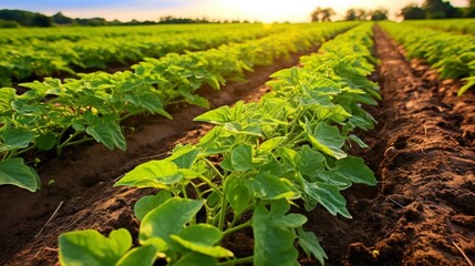 Fresh cucumber plant row in sunlight