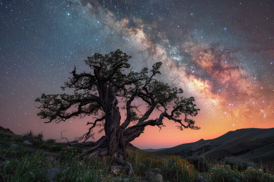 An ancient tree stands defiant against a backdrop of the starry sky, symbolizing endurance through time.