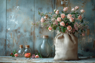 Rustic Bouquet of Pink Roses in Canvas Bag on Vintage Wooden Background - obrazy, fototapety, plakaty
