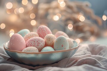 Colorful Easter eggs in a bowl on a bed, perfect for Easter decorations