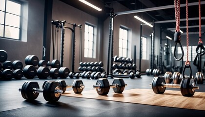 Fototapeta na wymiar A sleek gym interior showcasing a variety of dumbbells, weights, and strength training equipment ready for use.. AI Generation