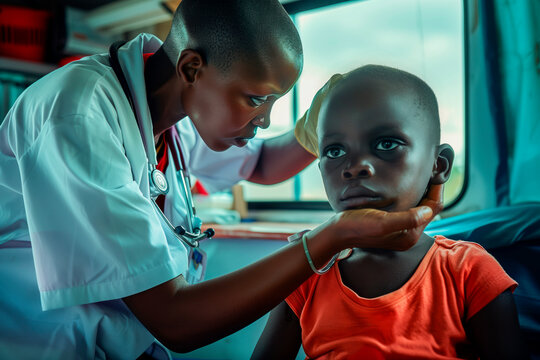 A doctor examines an African child in a mobile medical center - Powered by Adobe