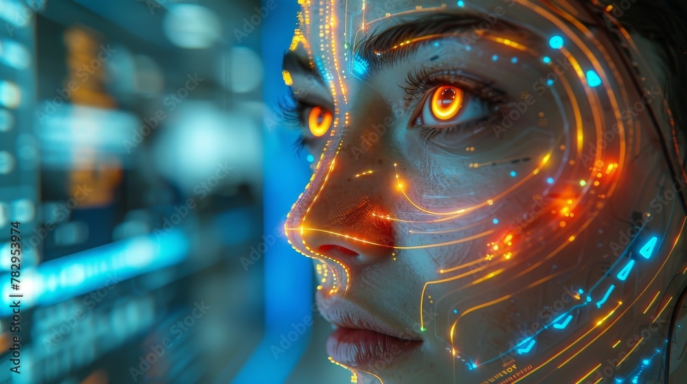 Poster Having a look at a virtual dashboard of a futuristic cyborg head hanging over a podium. A machine learning technology, neural networks, and 3D rendering.