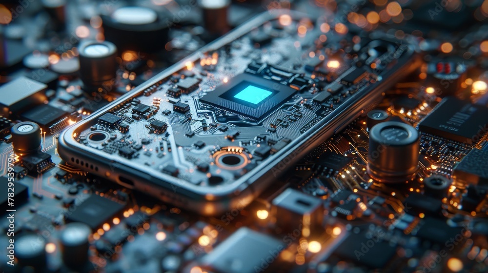 Poster Rebuilding a disassembled smartphone. Case and electronic components on a scheme of an abstract mobile phone. CPU, motherboard. Non-assembled cellphone. 3D rendering.