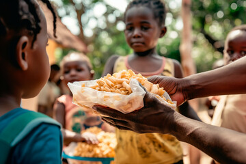 Volunteers feed African children. Problems of hunger and lack of food in African countries