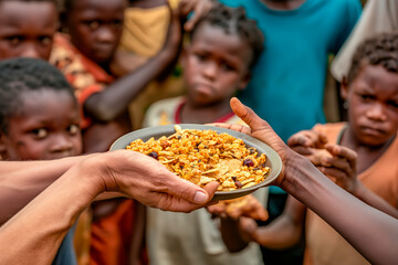 Obraz premium Volunteers feed African children. Problems of hunger and lack of food in African countries
